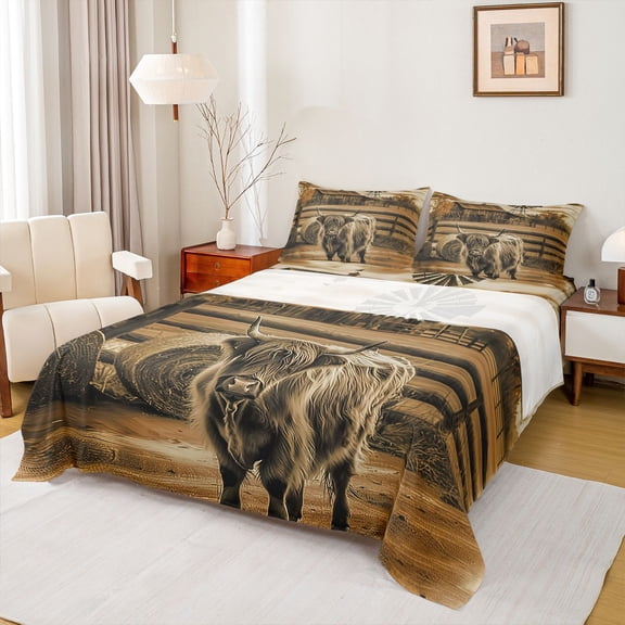 Homewish Highland Cow Twin Sheet Sets,Old Barn Door Twin Fitted Sheet,Retro Rustic Windmill Flat Sheet For Kids,Ultra Soft Home Decor,3 Pieces