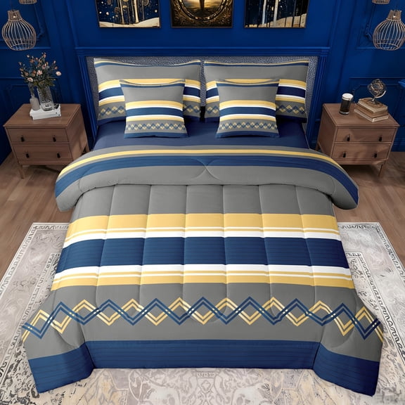 Homewish Hippie Abstract Twin Bedding Sets 7-Piece for Women, Chic Minimalism Lines Bedding Comforter Set, Modern Fashion Theme Reversible Sheet Sets, Ultra Soft Bedroom Decor