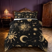 Homewish Hippie Astrology Full Size Comforter Sets, Sun Moon Stars Bedding Comforter Set, Black Reversible 3pcs, 1 Comforter and 2 Pillowcases