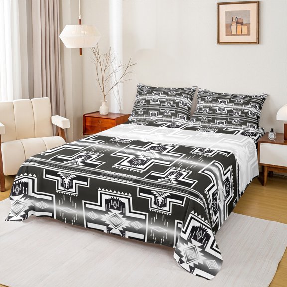 Homewish Hippie Aztec Adult Bed Sheets, Bohemian Rectangle Abstract King Sheets, Black White Mandala Sheet Set, Super Cozy Room Decor, 4pcs