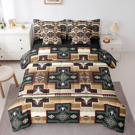 Homewish Hippie Aztec Adult Bedding Comforter Set 7-Piece, Bohemian Rectangle Abstract King Bedding Sets, Brown Teal Mandala Reversible Bed Sheets, Microfiber Bedroom Decor