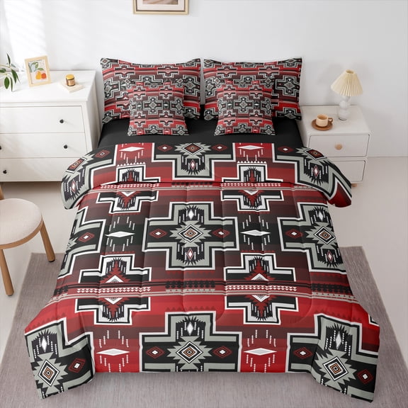 Homewish Hippie Aztec Adult Bedding Comforter Set 7-Piece, Bohemian Rectangle Abstract King Bedding Sets, Red Grey Mandala Reversible Bed Sheets, Microfiber Bedroom Decor