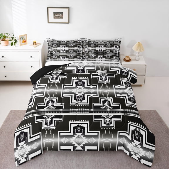 Homewish Hippie Aztec Adult Full Size Comforter Sets, Bohemian Rectangle Abstract Bedding Comforter Set, Black White Mandala Reversible Bedding Sets, Super Cozy Room Decor, 3pcs