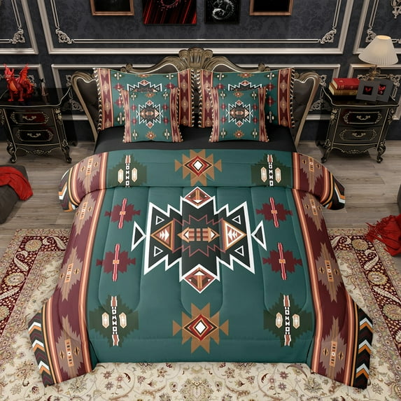 Homewish Hippie Aztec Female Bedding Comforter Set 7pcs, Vintage Western Green Triangle King Bedding Sets, Bohemian Mandala Theme Reversible Bed Sheets, Ultra Soft Bedroom Decor