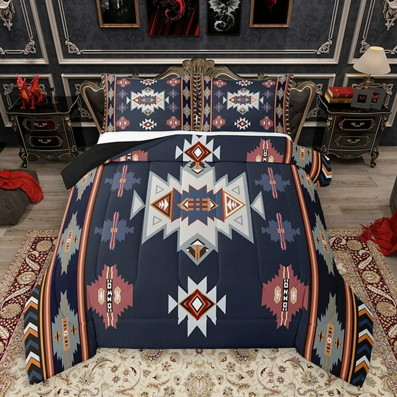 Homewish Hippie Aztec Female Bedding Comforter Set, Vintage Western Navy Triangle Twin Comforter Sets, Bohemian Mandala Theme Reversible Bedding Set, Ultra Soft Bedroom Decor, 2-Piece