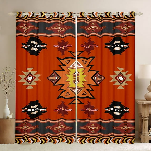 Homewish Hippie Aztec Female Black Out Curtains, Vintage Western Orange Triangle Curtains Pack of 2 (42x63 Each), Bohemian Mandala Theme Bedroom Curtains, Living Room Curtains Decor