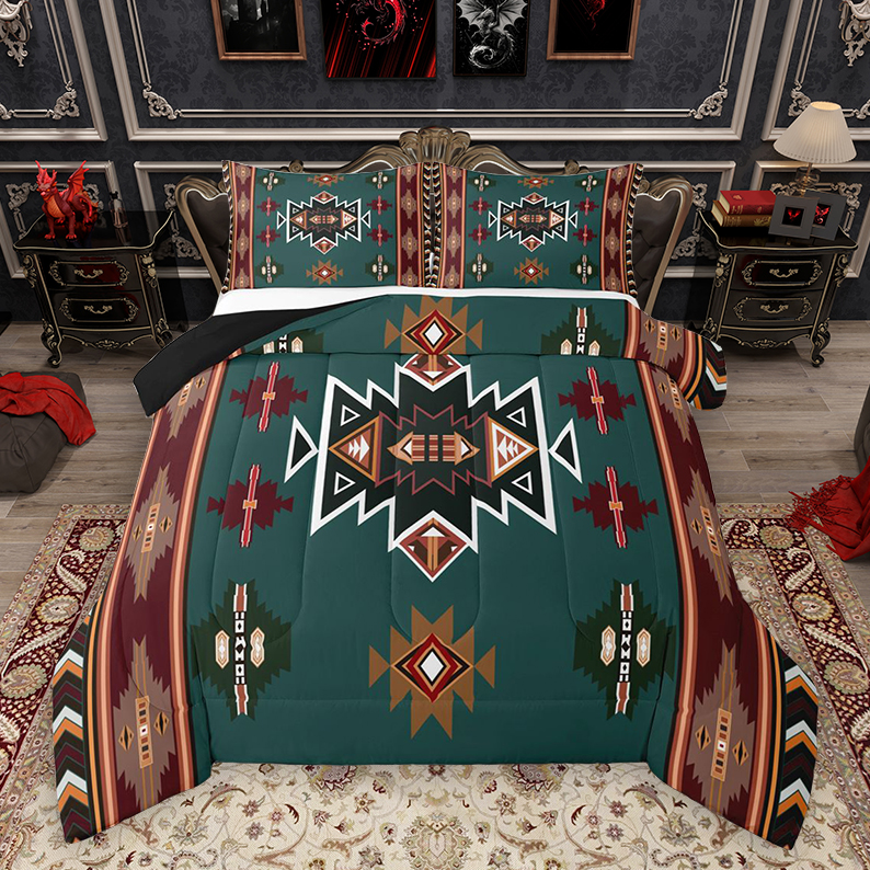 Homewish Hippie Aztec Female Queen Comforter Set, Vintage Western Green ...