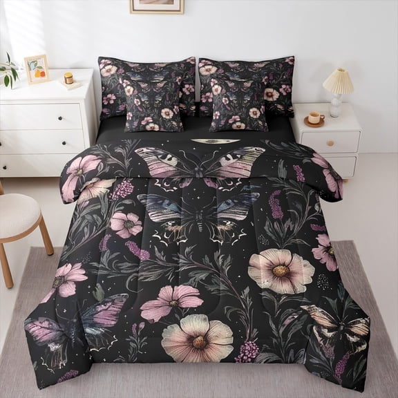 Homewish Hippie Butterfly Moth Twin Bedding Sets 7-Piece for Adult, Rustic Farmhouse Flower Bedding Comforter Set, Bohemian Theme Reversible Sheet Sets, Luxury Bedroom Decor