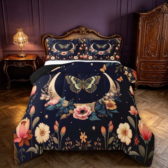 Homewish Hippie Butterfly Queen Comforter Set, Flower Moon Stars Comforter Sets Queen, Black Reversible 3 Piece, 1 Comforter and 2 Pillowcases