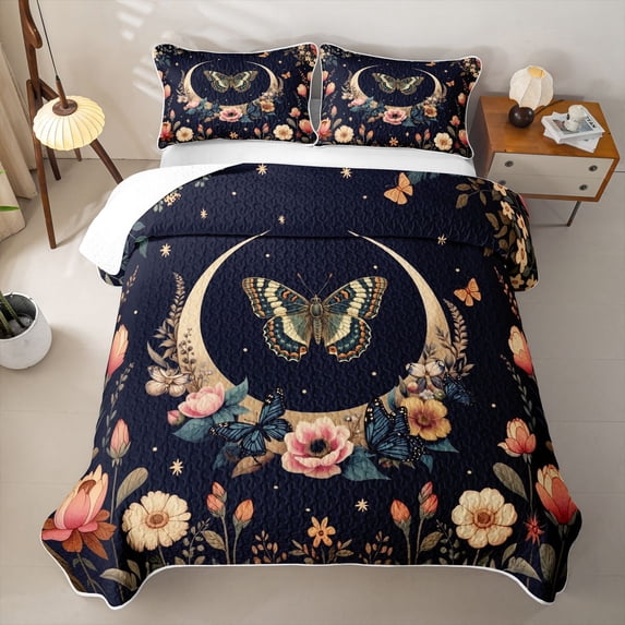 Homewish Hippie Butterfly Quilt Full, Flower Moon Stars Full Bedspread Sets, 3 Pieces 1 Coverlet and 2 Pillowcases