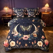 Homewish Hippie Butterfly Twin Bedding, Flower Moon Stars Bedding Comforter Set, Black Reversible 7pcs