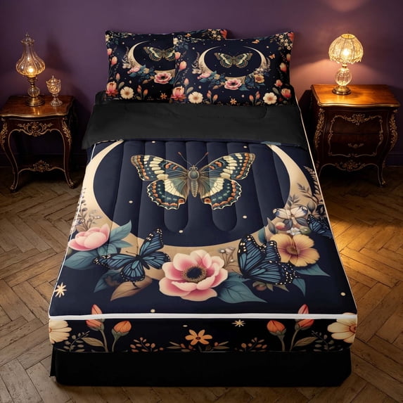 Homewish Hippie Butterfly Zipper Full Size Comforter Sets with Fitted Sheet and 2 Pillowcases, Flower Moon Stars Zipper Bedding Set, Black Reversible