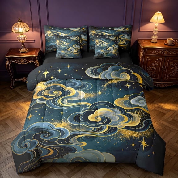 Homewish Hippie Clouds Stars Twin Bedding, Dreamy Cosmos Universe Bedding Comforter Set, Black Reversible 7-Piece