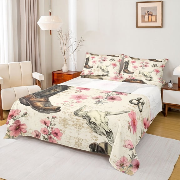 Homewish Hippie Cowgirl Cowboy Full Size Sheets, Tribal Sheep Skeleton Bed Sheets, Southwestern Theme Sheet Sets, Luxury Bedroom Decor, 4pcs