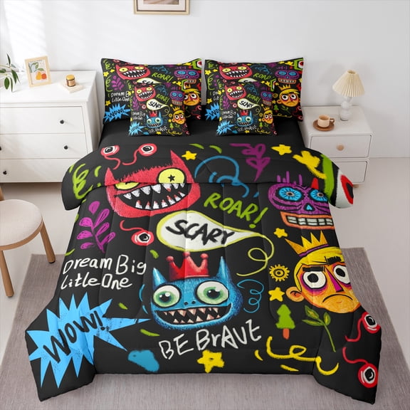 Homewish Hippie Graffiti Bedding Comforter Set 7 Pieces for Kids Teens Adults,Hip Hop Splash Full Bedding Set Lightweight,Abstract Art Fitted Sheet Flat Sheet,Super Cozy Room Decor,Reversible