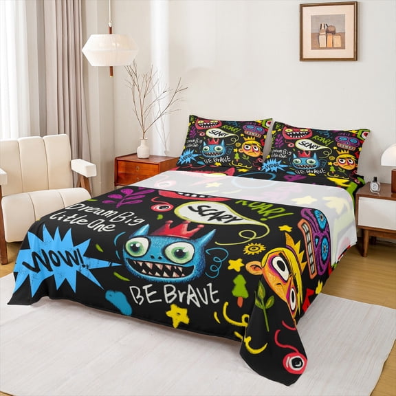 Homewish Hippie Graffiti Twin Sheet Sets 3pcs for Kids Teens Adults,Hip Hop Splash Twin Fitted Sheet Microfiber,Abstract Art Breathable Flat Sheet,Super Cozy Room Decor