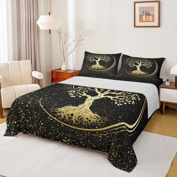 Homewish Hippie Life Tree Bed Sheets, Black Gold Sequin Print King Sheets, Mystic Bohemian Theme Sheet Set, Luxury Bedroom Decor, 4 Pieces