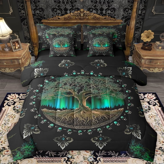 Homewish Hippie Life Tree Bedding Comforter Set 7pcs, Vintage Mystic Western Plant Queen Bedding Sets, Boho Mandala Damask Reversible Queen Sheet Sets, Super Cozy Room Decor