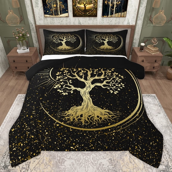 Homewish Hippie Life Tree Full Size Comforter Sets, Black Gold Sequin Print Bedding Comforter Set, Mystic Bohemian Theme Reversible Bedding Sets, Luxury Bedroom Decor, 3 Pieces
