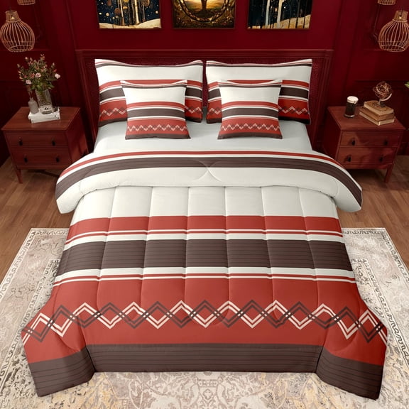 Homewish Hippie Maroon Abstract Bedding Comforter Set 7pcs for Women, Chic Minimalism Queen Bedding Sets, Modern Fashion Theme Reversible Queen Sheet Sets, Luxury Bedroom Decor