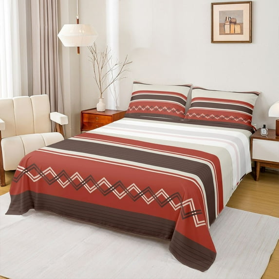 Homewish Hippie Maroon Abstract Queen Sheet Sets for Women, Chic Minimalism Flat Sheet, Modern Fashion Theme Queen Fitted Sheet, Luxury Bedroom Decor, 4-Piece
