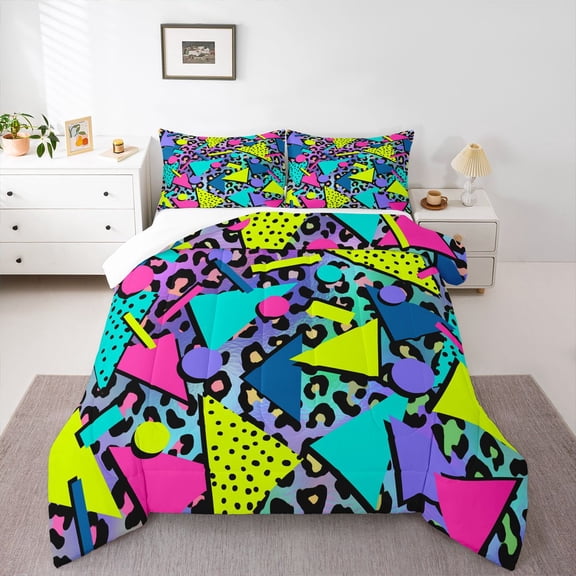 Homewish Hippie Memphis 2pcs Bedding Comforter Set For Teens Boys Girls,Vintage Aesthetic Twin Comforter Sets,Abstract Leopard Print Breathable Bedding Set,Luxury Bedroom Decor