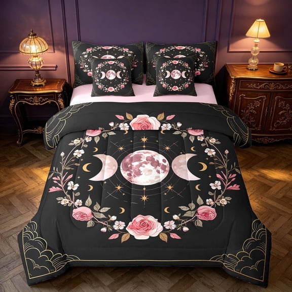 Homewish Hippie Moon Phase Twin Bedding, Pink Floral Bedding Comforter Set for Girls, Pink Reversible 7-Piece