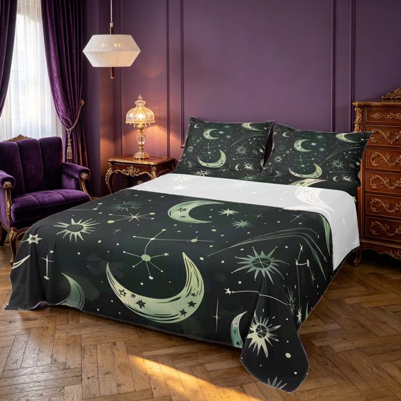 Homewish Hippie Moon Print Bed Sheets, Horoscope Astrology Full Size Sheets, Black Green, 4 Pieces, 1 Flat Sheet, 1 Fitted Sheet and 2 Pillowcases