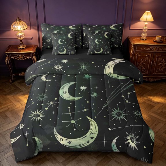 Homewish Hippie Moon Print Full Size Bedding Sets, Horoscope Astrology Full Size Bed in a Bag, Black Green, Black Reversible 7-Piece