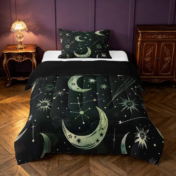 Homewish Hippie Moon Print Twin Comforter Sets, Horoscope Astrology Bedding Set, Black Green, Black Reversible 2 Piece, 1 Comforter and 1 Pillowcase