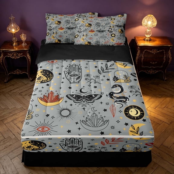 Homewish Hippie Moth Snake Zipper Twin Comforter Sets with Fitted Sheet and 2 Pillowcases, Evil Eye Hamsa Hand Zipper Bedding Set, Gray, Black Reversible