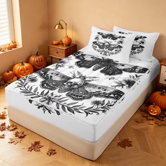 Homewish Hippie Moth Zipper Twin Comforter Sets with Fitted Sheet and 2 Pillowcases, Vintage Floral Zipper Bedding Set, Black White Gray, Black Reversible