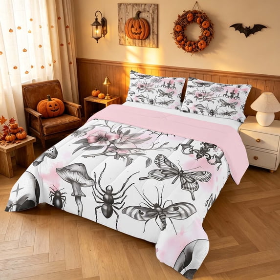 Homewish Hippie Mushroom Moth Full Size Comforter Sets for Girls, Bonical and Animal Theme Bedding Comforter Set, Pink Black White Gray, Pink Reversible, 3-Piece 1 Comforter and 2 Pillowcases