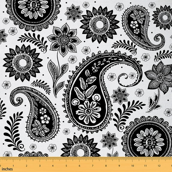 Homewish Hippie Paisley Print 01 for Adult, Bohemian Style Room Decor Fabric by the Yard, White Black Floral Sewing Fabric, Luxury Bedroom Decor