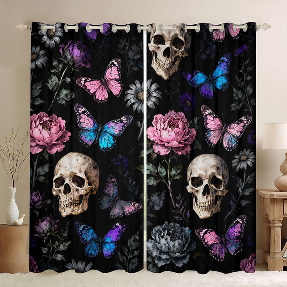 Homewish Hippie Skeleton Skull Black Out Curtains, Mystic Blue Butterfly Curtains Pack of 2 (42x63 Each), Bohemian Western Floral Bedroom Curtains, Living Room Curtains Decor