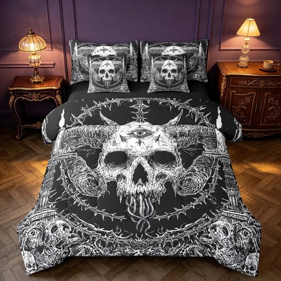 Homewish Hippie Skull Skeleton Twin Bedding, Happy Halloween Bedding Comforter Set, Black White, Black Reversible 7-Piece