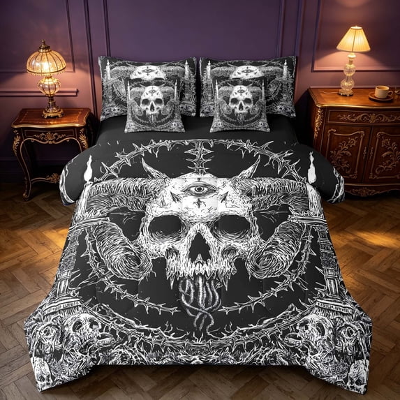 Homewish Hippie Skull Skeleton Twin Bedding, Happy Halloween Bedding Comforter Set, Black White, Black Reversible 7-Piece