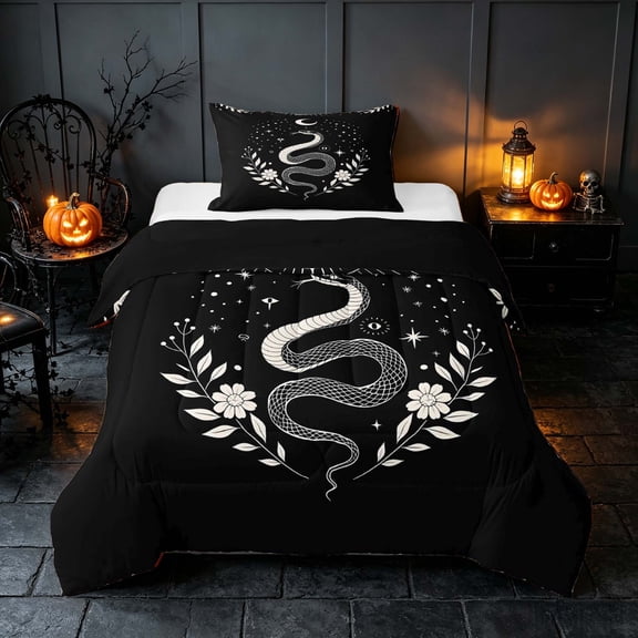 Homewish Hippie Snake Twin Comforter Sets, Boho Moon Print Bedding Set, Black Cream, Black Reversible, 2-Piece 1 Comforter and 1 Pillowcase
