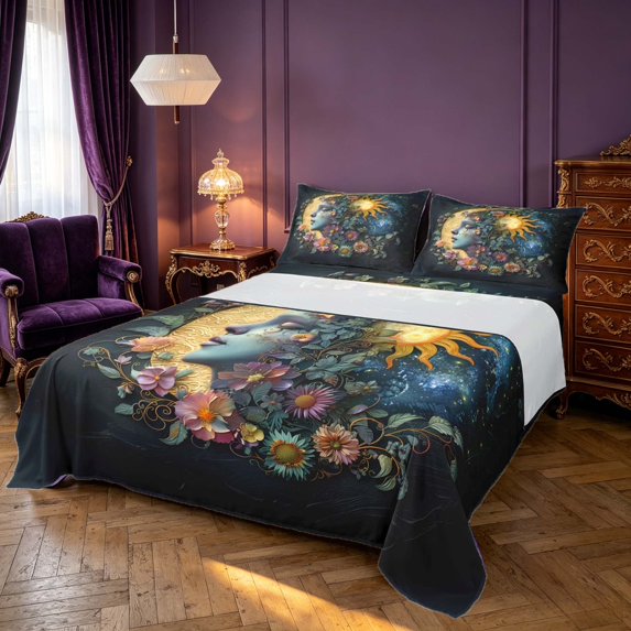 Homewish Hippie Sun Moon Bed Sheets, Flower God Full Size Sheets, 4-Piece, 1 Flat Sheet, 1 Fitted Sheet and 2 Pillowcases