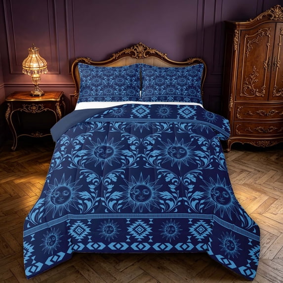 Homewish Hippie Sun and Moon Full Size Comforter Sets, Blue Black Aztec Bedding Comforter Set, Navy Blue Reversible 3pcs, 1 Comforter and 2 Pillowcases