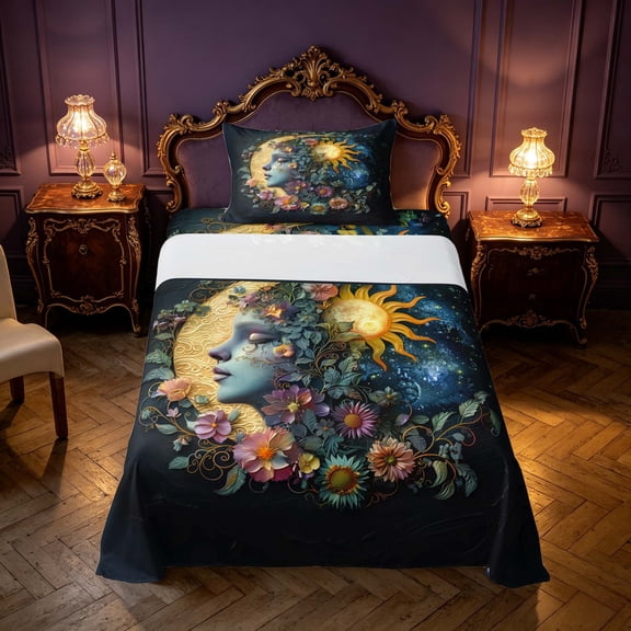 Homewish Hippie Sun Moon Twin Sheets, Flower God Bedding, 3pcs, 1 Flat Sheet, 1 Fitted Sheet and 1 Pillowcase