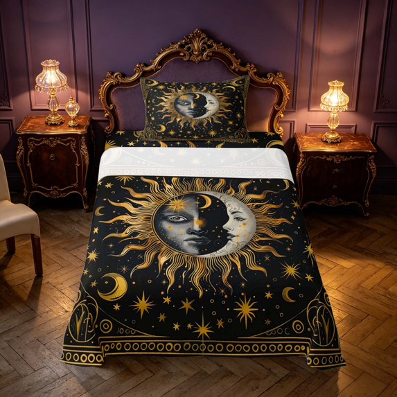 Homewish Hippie Sun Moon Twin Sheets, Glitter Stars Bedding, Black Gold, 3 Pieces, 1 Flat Sheet, 1 Fitted Sheet and 1 Pillowcase