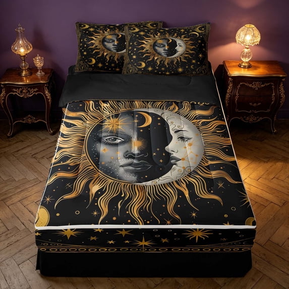 Homewish Hippie Sun Moon Zipper Twin Comforter Sets with Fitted Sheet and 2 Pillowcases, Glitter Stars Zipper Bedding Set, Black Gold, Black Reversible