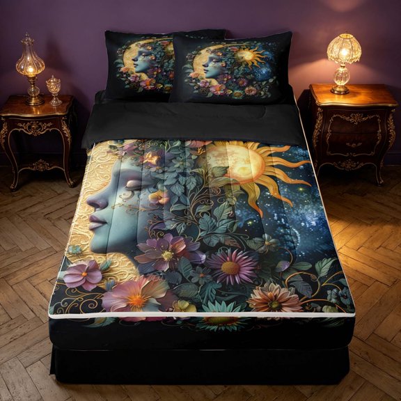 Homewish Hippie Sun Moon Zipper Twin Comforter Sets with Fitted Sheet and 2 Pillowcases, Flower God Zipper Bedding Set, Black Reversible