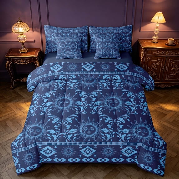 Homewish Hippie Sun and Moon King Bedding, Blue Black Aztec King Bed in a Bag, Navy Blue Reversible 7pcs