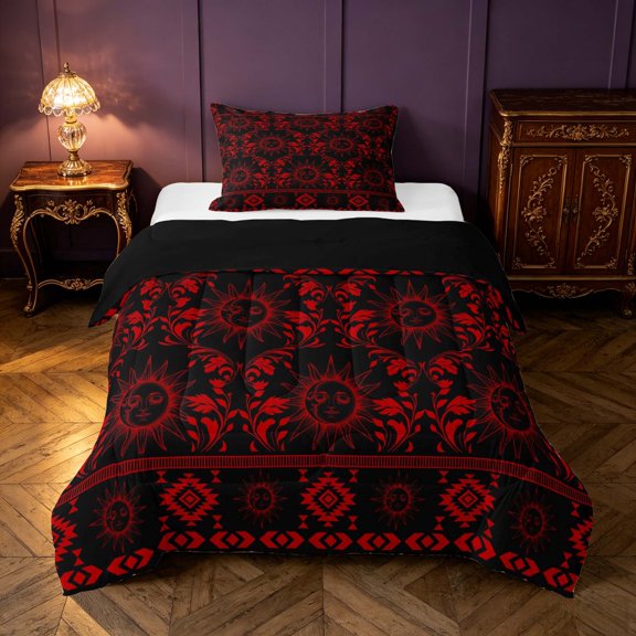 Homewish Hippie Sun and Moon Twin Comforter Sets, Red Black Aztec Bedding Set, Black Reversible 2 Pieces, 1 Comforter and 1 Pillowcase