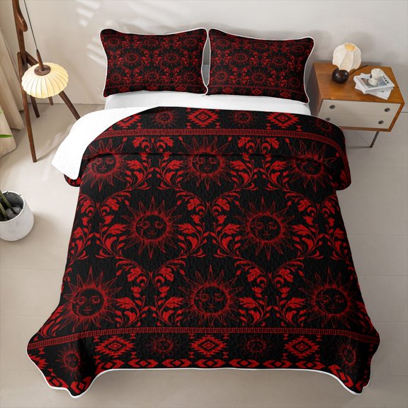 Homewish Hippie Sun and Moon Twin Quilt Set, Red Black Aztec Twin Coverlet Set, 2-Piece 1 Bedspread and 1 Pillowcase