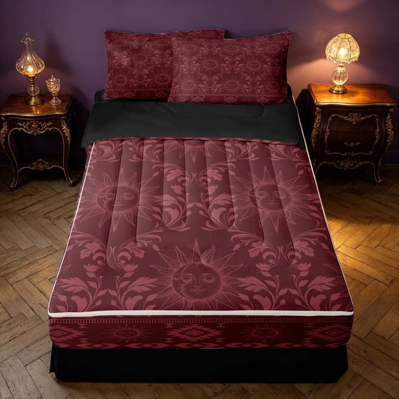 Homewish Hippie Sun and Moon Zipper Twin Comforter Sets with Fitted Sheet and 2 Pillowcases, Red Aztec Zipper Bedding Set, Black Reversible