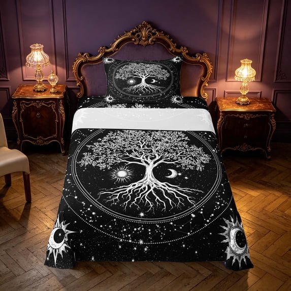 Homewish Hippie Tree of Life Twin Sheets, Cosmos Stars Moon Sun Bedding, White Black, 3-Piece, 1 Flat Sheet, 1 Fitted Sheet and 1 Pillowcase