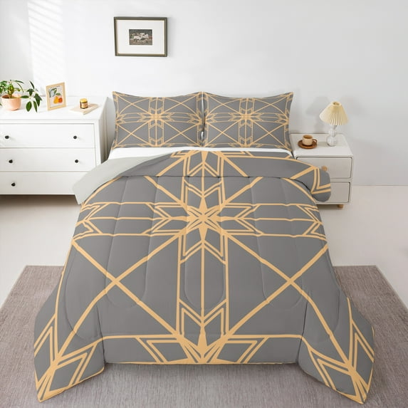 Homewish Hippie Triangle Adult Bedding Comforter Set, Chic Abstract Stripes Twin Comforter Sets, Old Fashion Artwork Reversible Bedding Set, Grey Gold Microfiber Bedroom Decor, 2 Pieces